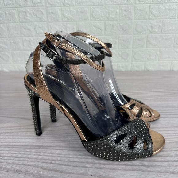 Coach Heels G2000 Prairie Rivets Stiletto Sandal WMNS 10 Black Rose Gold Leather - Picture 2 of 15